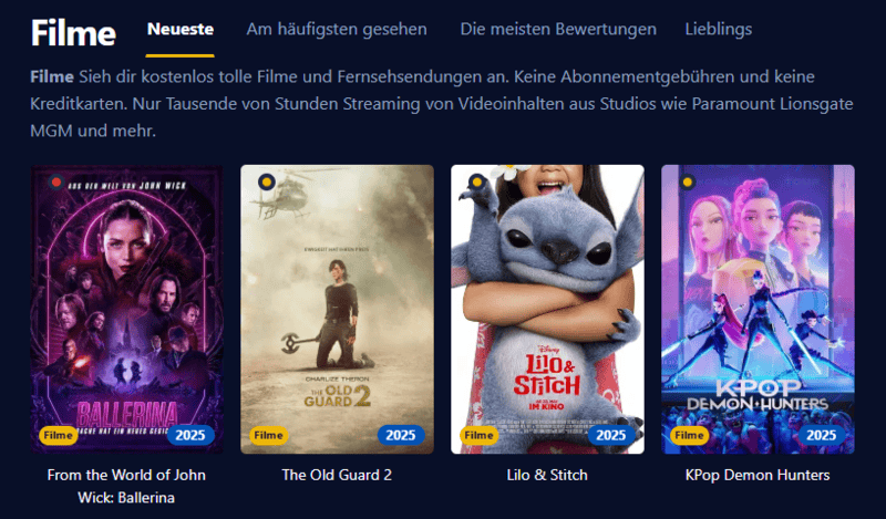 Bildschirmfoto der Benutzeroberfläche von Einschalten die eine moderne Streaming Plattform mit Filmen und Serien anzeigt